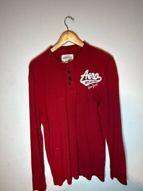 Aeropostale Red Long Sleeve Henley Tee with Chest Logo